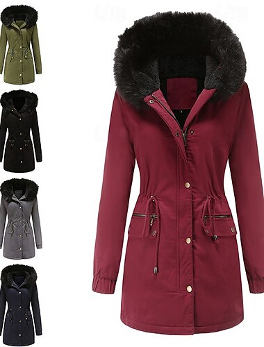  Női Anorák Melegen tartani Kényelmes Fur Trim Cipzár Zseb Övvel Alkalmi Tömör szín Vakáció Utca Hétköznapi Hétköznapi viselet Hosszú Kapucni Laza öltözet Hosszú ujj Felsőruházat Haditengerészet
