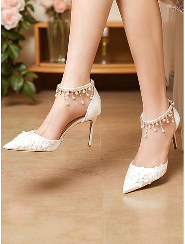  Escarpins à talons aiguilles et bride cheville en perles blanches pour femmes - élégants escarpins à bout pointu pour mariage &occasions formelles