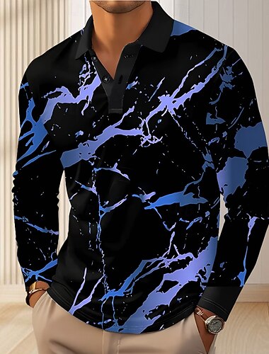  Herr Abstrakt Geometrisk Polo Långärmad Polotröjor Kavajslag Ledigt Utomhus Gata Fritids- Dagliga kläder 3D-utskrift Knappar Vår Höst Vinter Blå Guld Grön