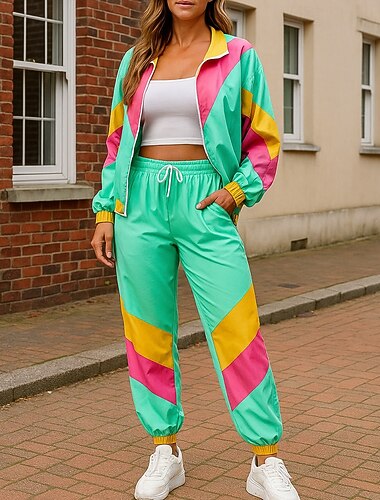  Dame Genser med glidelås Sportsklær fra 80-tallet 2-delt treningsdress Posete med lomme Fargeblokk Treningsdrakt Høst Grønn Vandring Yrke Utendørs Lettvekt Langermet Sport Sportsklær Mikroelastisk