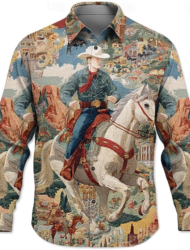  Per uomo Cowboy a cavallo Camicia Camicia Western Camicia con Bottoni Manica Lunga Vintage Retrò All'aperto Casuale Abbigliamento da lavoro Primavera Autunno Collo ripiegato Stampa 3D camicie con