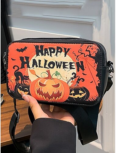  Dámská halloweenská crossbody kabelka přes rameno – kožená kabelka s potiskem dýně, lebky a netopýra na párty, cosplay i každodenní nošení