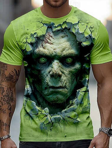  Halloween Муж. 3D-печати Зомби 3D Футболка С короткими рукавами Футболка 3D печать Вырез под горло Рубашка преувеличены Оригинальный рисунок Ужас Для вечеринок Для улицы Праздники Зеленый 1