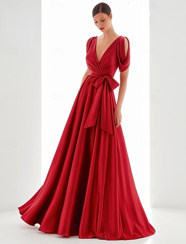  Linea ad A Abito da Sera Elegante Abito formale Formale Matrimonio Lunghezza al pavimento Manica Lunga Scollo a V Raso con Fiocco/Fiocchi Pieghe 2025