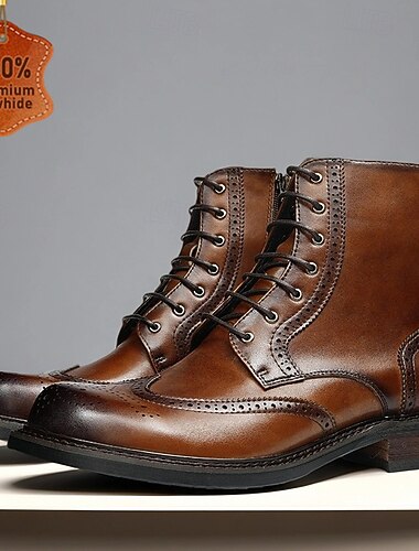  Botas de tobillo con cordones y diseño brogue marrón para hombre, botas de trabajo resistentes para exteriores con punta de ala clásica para negocios, viajes y uso diario.