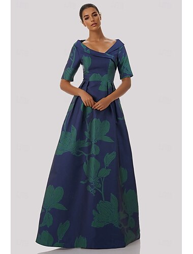  גזרת A עד הריצפה שמלות ערב שמלת נשף לבוש רשמי אלגנטית וינטאג' חצי שרוול צווארון חולצה חתונה רשמי כיס סאטן עם הדפס פרחוני