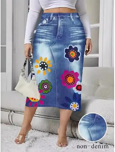  Dame الالتفاف Kroppstett Kjole Mote Fritid Midi Høy Midje Skjørt Grafisk Blomster Lomme Trykt mønster Mikroelastisk Gate Daglig Navyblå Kongeblå Blå Himmelblå Vår Polyester Denimstoff