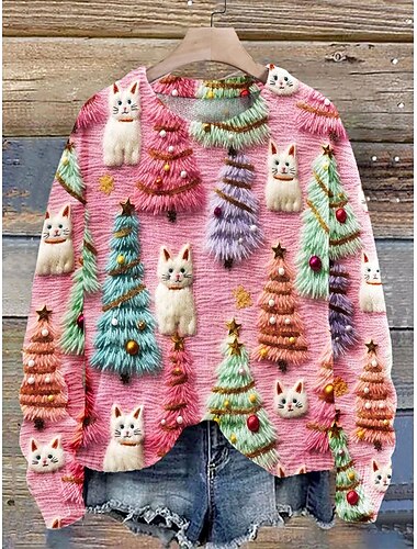  Damen Pullover Lässig Grafik Weihnachtsbaum Rundhalsausschnitt Gestrickt Langarm Normale Oberteile Stricken Arbeit Weiß Rosa Herbst Winter