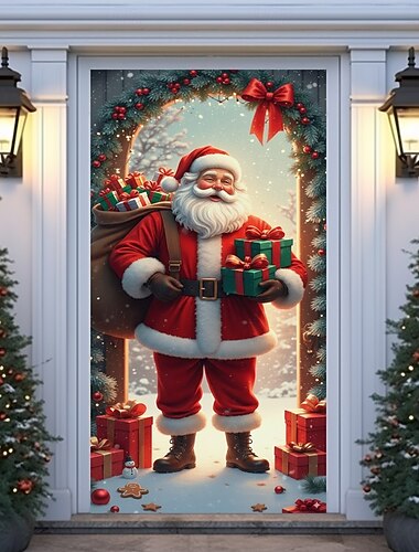  クリスマスドアカバー、冬のホリデーデコレーション、ドレープ、サンタクロースがプレゼントを持ったクリスマスリースと開いたドアのプリント、家の玄関、リビングルーム、寝室、屋内、屋外、お祝い、季節の装飾用