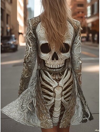  Halloween Női Kabát Könnyű Kényelmes Koponya Nyomtatás Vintage Művészi Laza Koponya Laza Normál Illeszkedés Hosszú Ujjú Külső Ruházat Fekete Fehér Barna Tavasz Ősz