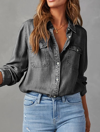 Damen Hemd Bluse Tasche Knöpfe Einfach Lässig Langarm Hemdkragen Normale Oberteile Täglich Ferien Ausgehen Dunkelgray Frühling Herbst