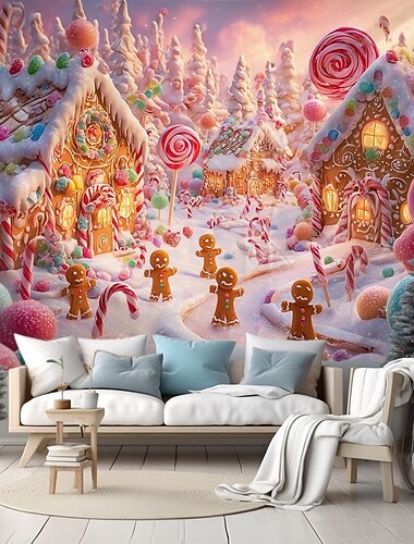  Fondo de tapiz navideño aldea de casas de jengibre con bastones de caramelo y maravilla nevada colgante festivo navideño 2025 para dormitorio y salón