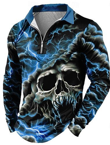  Halottak napja Férfi Koponya Póló Hosszú ujj Pólóingek Hajtóka Alkalmi Sötét Hétköznapi viselet Fesztivál öltözék 3D nyomtatás Quarter Zip Polo Tavasz Ősz Tél Rubin Medence Barna