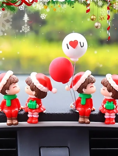  קישוט לרכב לחג המולד - בובת זוג חגיגית עם בלון אדום קישוט לוח מחוונים שרף לחגיגות חג קישוט פנים הרכב קישוטי חג המולד בובת חג המולד קישוט לוח מחוונים לרכב
