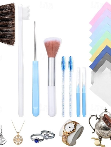  Smykkerenssett 18 deler smykkerenserbørsteverktøysett - rengjørings- og poleringsklut, stor &børste for små hull, nåler og fugebørste for alle smykker, ringer, gull, diamanter, øredobber