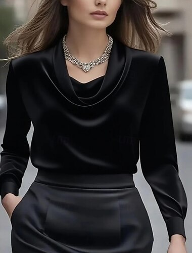  בגדי ריקוד נשים אלגנטי מִתגַנדֵר סאטן חולצה אחיד אלגנטית מסוגנן עבודה שרוול ארוך צוואר בדוגמת דרפה חולצות רגילות שחור לבן משמש סתיו