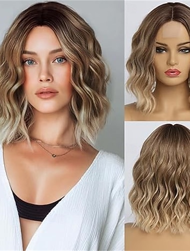  Lyhyt ombre-vaalea laineikas peruukki naisille 12 tuuman olkapääpituinen keskiosa kihara laineikas polkkatukka luonnollisen näköinen synteettinen lämmönkestävä kuituperuukki jokapäiväiseen