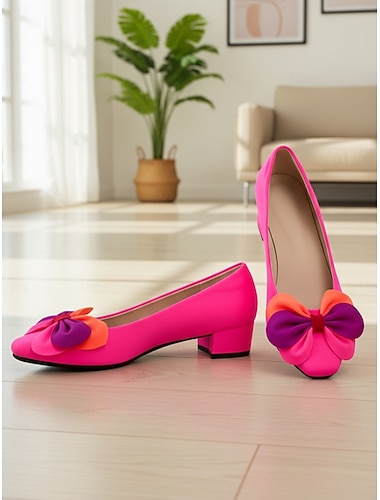  Chaussures à talons bas et bout rond rose vif pour femmes avec nœud 3D - jolies ballerines colorblock pour les fêtes, les rendez-vous et les tenues quotidiennes