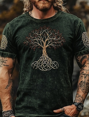  رجالي تي شيرت بلايز تي الأعلى كم قصير رقبة عالية مدورة الصيف ترايبال شجرة الحياة يجدراسيل عتيق مصمم أساسي طباعة عطلة شارع مناسب للخارج أزرق أسود أخضر تي شيرت للرجال