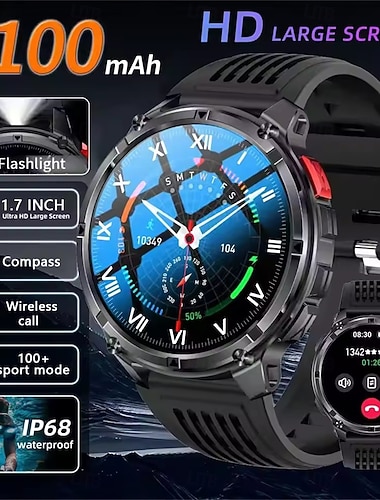  HT33 スマートウォッチ 1.7インチ BT通話 コンパス ヘルスモニター 防水 LED懐中電灯 アウトドア 1100mAhバッテリー スマートウォッチ