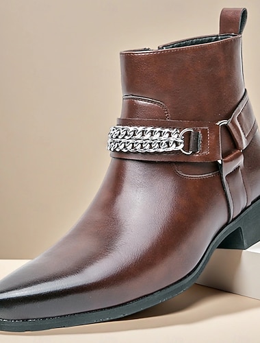 Botas Chelsea masculinas de couro sintético marrom com detalhes em corrente, visual elegante e moderno para traje formal de escritório, festas e saídas à noite   Botas Chelsea masculinas de couro sintético marrom com detalhes em corrente, visual elegante e moderno para traje formal de escritório, festas e saídas à noite