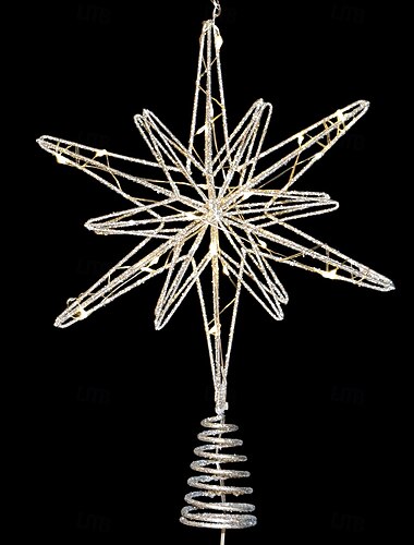  Juletrepynt med stjerne og LED-lys til jul, åttekantet stjerne i gullglitter i jern, opplyst juletrepynt, hengende juledekorasjon, festlig gave til hjemmebordet