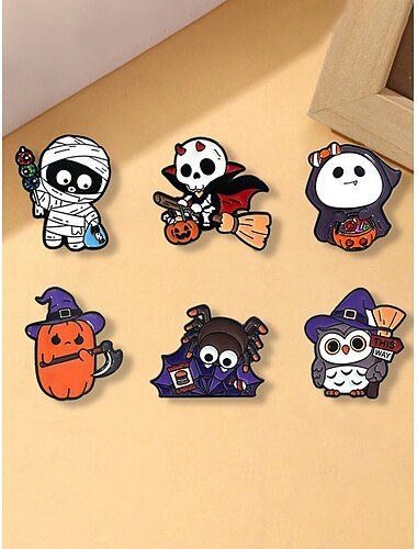  Set van schattige emaille broches voor dames voor Halloween - 6 grappige pompoen-, mummie-, uil- en spin-insignes voor verkleedfeesten en accessoires