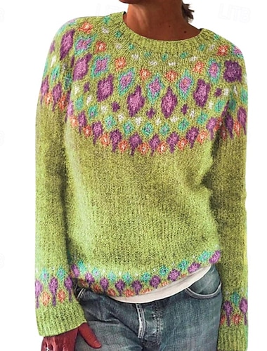  Dámské Vánoční svetr Fair Isle svetr Svetr Svetr Fair Isle Šik ven Na běžné nošení Květinový Tričkový Pletený Tisk Dlouhý rukáv Běžné topy Plést Denní Dovolená Jdeme ven Vodní modrá Oranžová Podzim