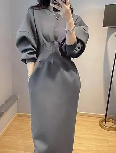  Γυναικεία Μίντι φόρεμα Φόρεμα με κουκούλα Μοντέρνα Καθημερινά Σαββατοκύριακο Κανονικό Σκέτο Μακρυμάνικο Στρογγυλή Ψηλή Λαιμόκοψη Μαύρο Λευκό Γκρίζο Άνοιξη Φθινόπωρο