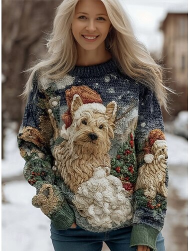  Жен. Вязаная ткань Мода На каждый день Графика Животное Вырез под горло Трикотаж Длинный рукав Обычные топы Вязать Офис Повседневные Белый Синий Осень Зима