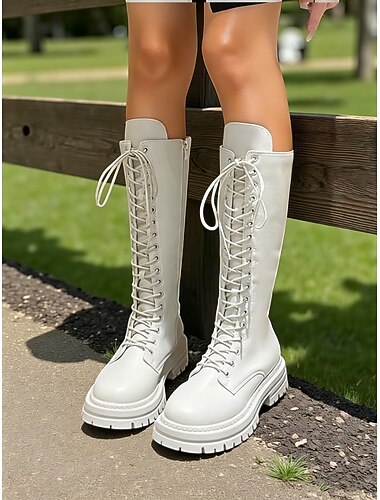  Weiße kniehohe Schnürstiefel für Damen mit dicker Sohle – stylisch und vielseitig für Freizeit- oder Straßenmode