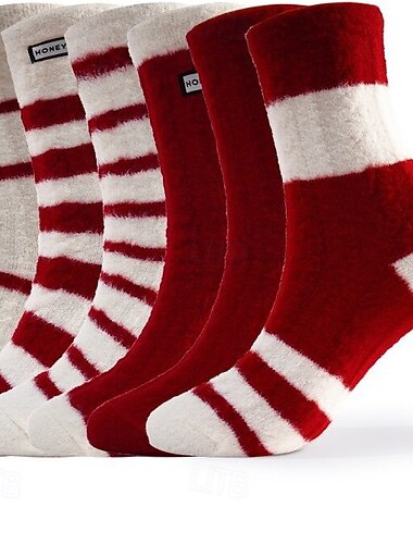  Calcetines térmicos de invierno para mujer, calcetines gruesos de algodón afelpado con forro de felpa, calcetines cálidos de rayas rojas para interior, calcetines acogedores para dormir en casa para