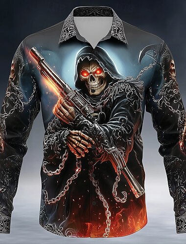  Halloween Homme Faucheuse Flammes de l'enfer Chemise Chemise Boutonnée manche longue Punk gothique sombre Extérieur Fête Été Printemps Col Rabattu Impression 3D chemises à col Noir 1 Noir