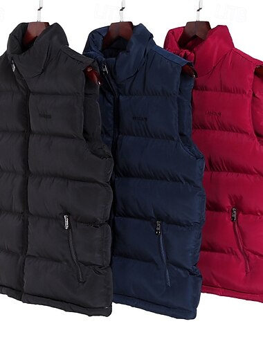  בגדי ריקוד גברים אפוד פאפר וסט Gilet חופשה יומי פגישה (דייט) אופנתי יום יומי סתיו חורף כיס פוליאסטר שמור על חום הגוף נוח צבע אחיד רוכסן עומד רגיל שחור אודם כחול כהה אֵפוֹד