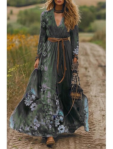  Damen Maxikleid A Linie Kleid Faltenkleid Figurbetontes Kleid Boho Date Ausgehen Normale Passform Blumen Grafik Stammes Langarm V Ausschnitt Purpur Grün Frühling Herbst Winter