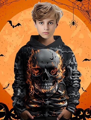  Halloween Gutt 3D Hodeskaller Hattetrøje Langermet Vår Høst Mote Gatemote Barn 4-12 år Med hette utendørs Avslappet Daglig Normal