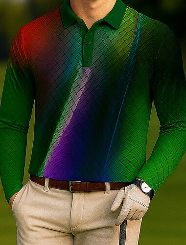  Herre Geometrisk Golf Polo Langermet Poloskjorter Knaphul Fritid utendørs treningsklær Dagligdagstøy 3D-utskrift Knapper Vår Høst Vinter Rød Lilla Grønn