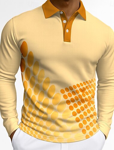  Herr Geometrisk Polo Långärmad Polotröjor Kavajslag Ledigt Fritids- Dagliga kläder 3D-utskrift Knappar Vår Höst Vinter Gul Blå