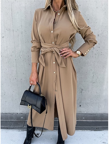  نسائي فستان ميدي فستان شكل حرف A كاجوال مناسب للبس اليومي عادي سهل كم طويل Lapel أسود أحمر أخضر مشمشي الربيع الخريف الشتاء