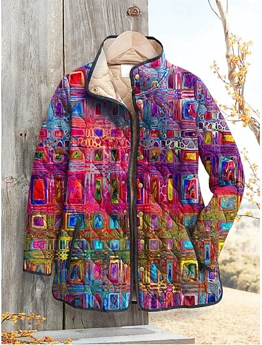  Mujer Chaqueta de Invierno Chaqueta acolchada Mantiene abrigado Cómodo Bolsillo Botones Estampado Moda Diario Exterior Plaid Vacaciones Casual Diario Botonadura Simple Regular Escote Chino Ajuste