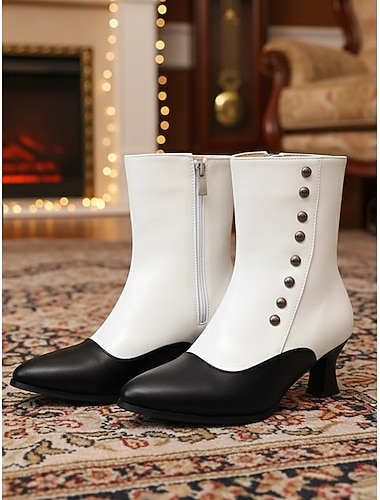  női Edward-korabeli fekete-fehér gombos csizma – 1910-es évekbeli vintage középmagas sarkú bokacsizma viktoriánus korabeli előadásokhoz és színházi előadásokhoz