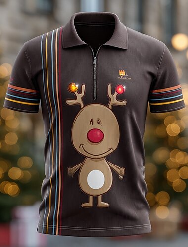  Jul Herre Tegneserie Reinsdyr Zip Polo Kortermet Aftæpning Fritid Feriereise Daglig Festival 3D-utskrift Sommer Brun 1 Svart Brun 2
