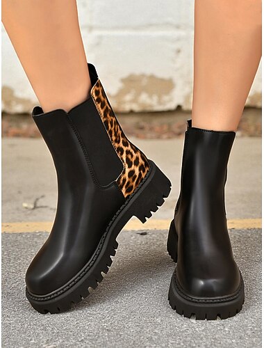  Zwarte Chelsea boots voor dames met luipaardprintdetail – modieuze enkellaarsjes voor casual herfst en winter