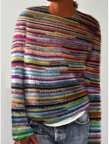  Per donna Felpa Casual Grafico A righe Girocollo Patchwork Lavorato a maglia Manica Lunga Top Regolari Maglia Lavoro Blu Verde Autunno Inverno
