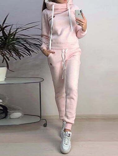  Damskie Dres 2-częściowy Bluza z kapturem Lounge Komplety dresowe Jesień i zima Solidne kolory Zestawy odzież Różowy Niebieski Siłownia Trening Bieganie Wysoka talia Lekki Moda Długi rękaw Sport