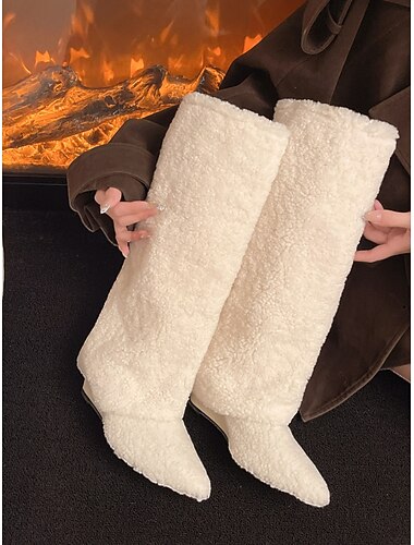  Bottes hautes en polaire blanche pour femmes, chaussures d'hiver chaudes et confortables à bout pointu pour des tenues urbaines décontractées