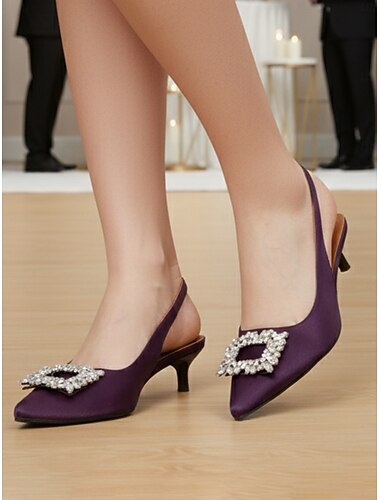  dame lilla sateng slingback kitten heels med strassspenne - elegante sko til cocktailfester og formelle anledninger