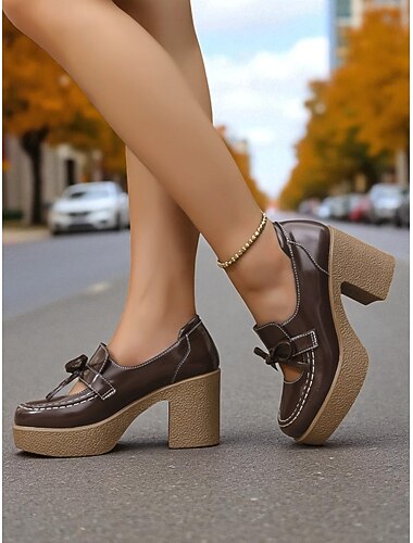  mocassins femininos plataforma de couro sintético marrom envernizado - sapatos retrô anos 80 com salto grosso e laço para escola, roupas de outono &uso diário