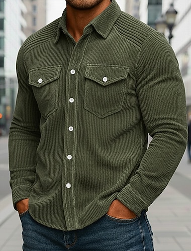  Herren Cordhemd Cargohemd Schwarz Braun Grün Grau Langarm Umlegekragen Schule Training Gerafft Bekleidung Vintage Lässig