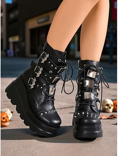  Zwarte gotische platformlaarzen voor dames met gesp – Halloween punk-gevechtsschoenen met studs voor cosplay en streetwear